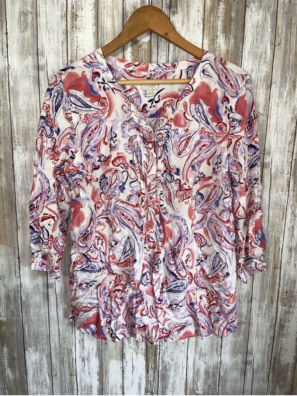 Talbots Large Watercolor Paisley Ruffle Button Front Blouse Pink Purple